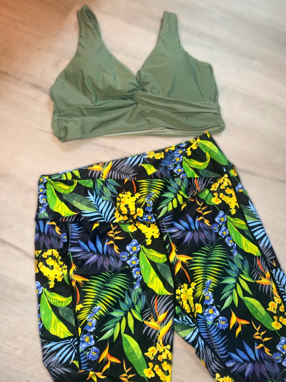 Olive Green V-Neck Bathing Suit Tropical Print 2X